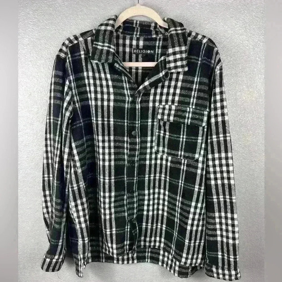 RELIGION Plaid Button Up Womens XL Black/White Long Sleeve Front Pocket Patch - Picture 1 of 10